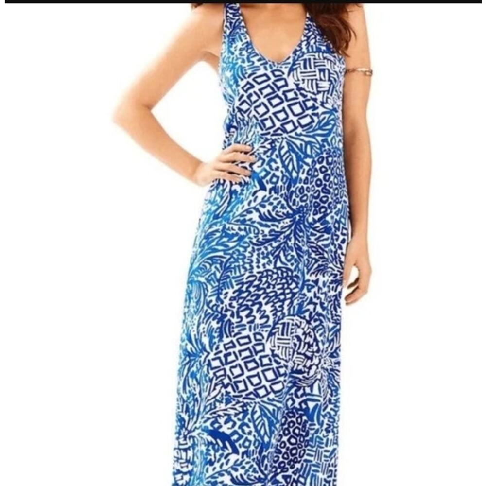 Lilly Pulitzer Kerri Maxi Dress Resort White Blue Pima Cotton Racerback XS
